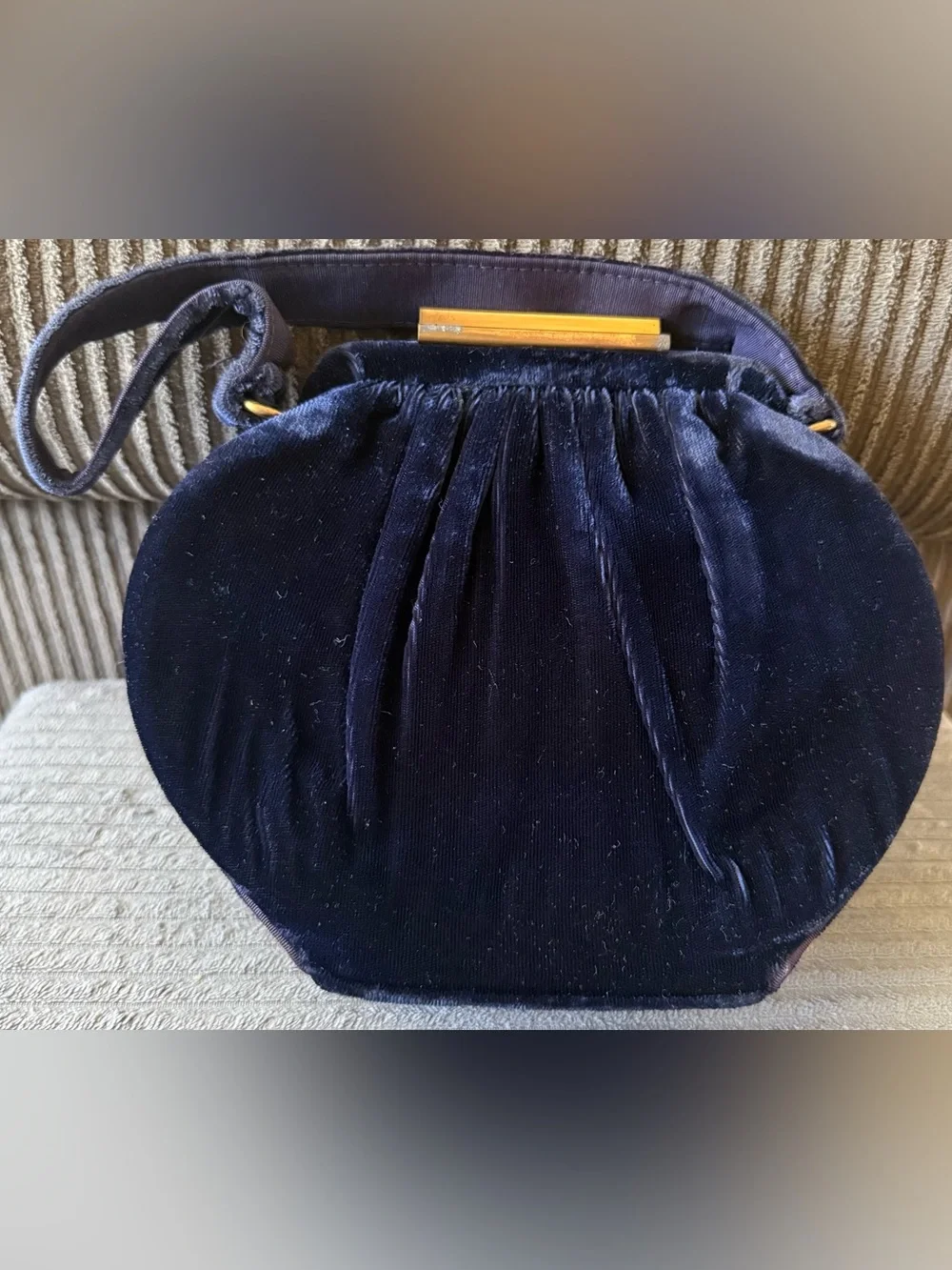Vintage Navy Velvet Evening Clutch with Gold Bar Clear Rhinestone